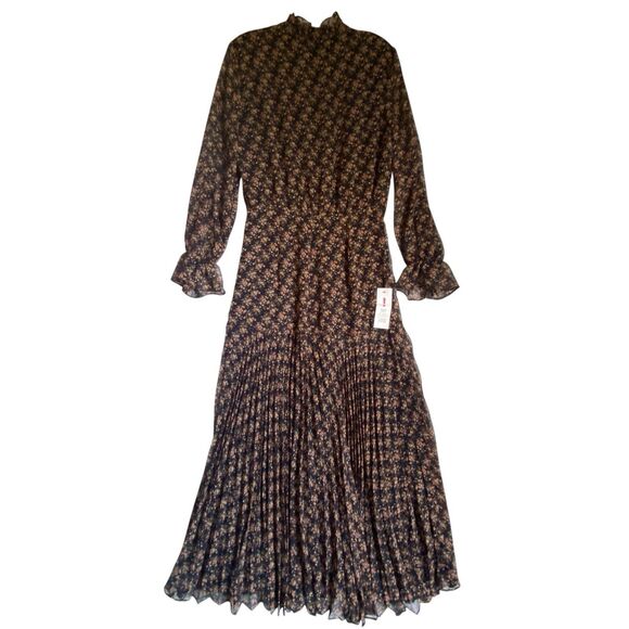 Bardot Midi Dress S Floral V Neck Long Sleeve Ruched Pleated Romantic Retro - Picture 2 of 10